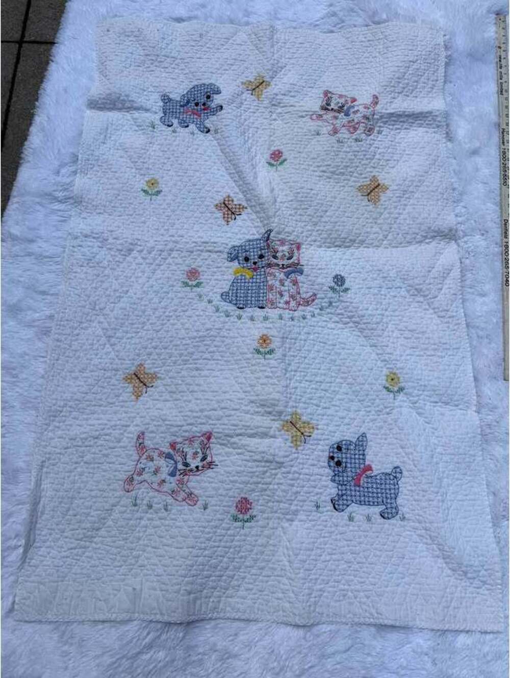 Vintage Hand Embroidered Cross Stitch Baby Quilt